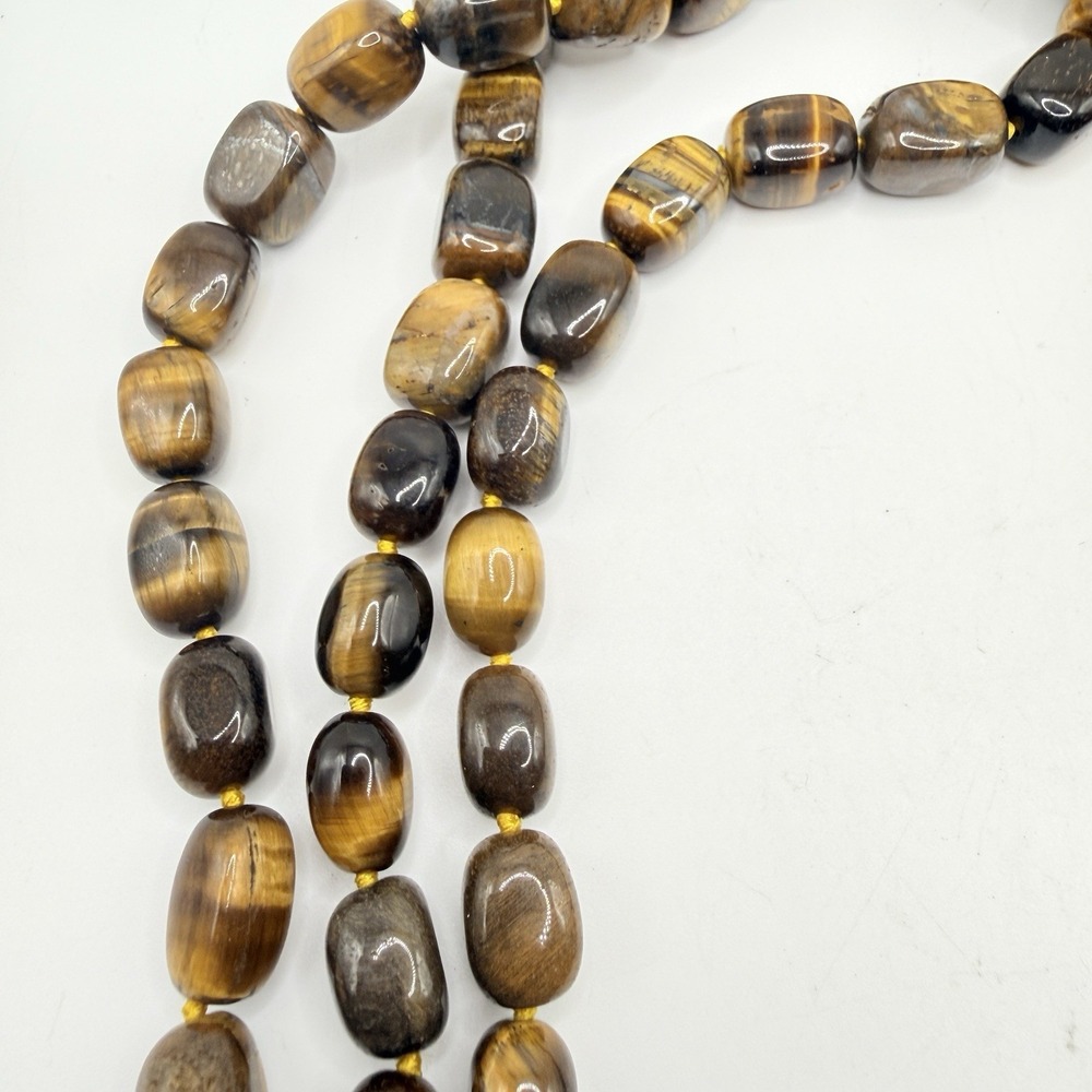 Tiger's Eye Triple Strand Knotted Beaded Choker Necklace & Magnetic MOP Clasp - Picture 7 of 9